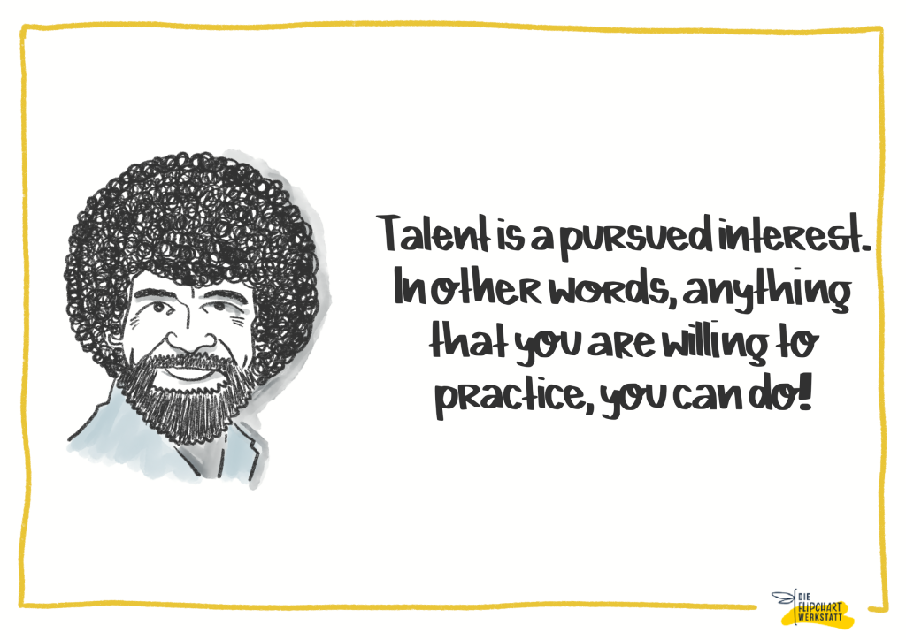 Eine Folie mit einer Zeichnung von dem Kopf von Bob Ross links und seinem Zitat "Talent is a pursued interest. In other words, anything that you are willing to practice you can do!" rechts.