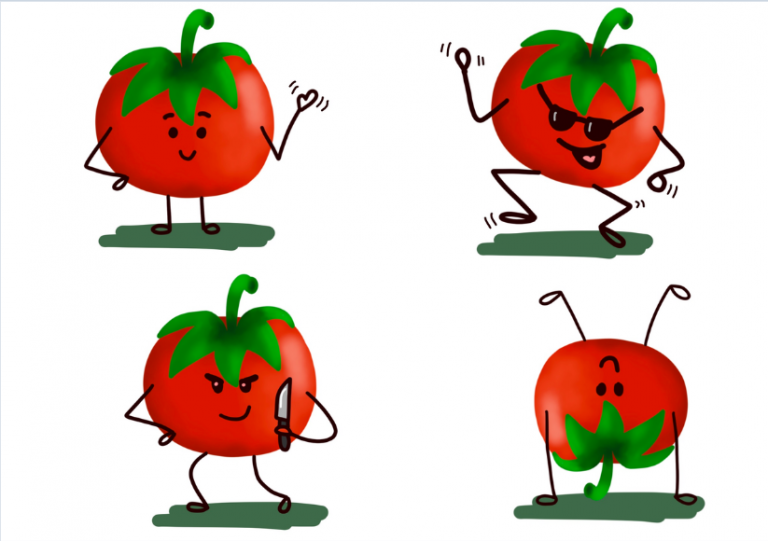 Vier auf Procreate gestaltete Tomaten eines Teilnehmenden des ersten Digital Drawing Circles. Die einzelnen Tomaten haben unterschiedliche Mimik und strichhafte Arme und Beine. Rechts oben tanzt zum Beispiel eine glückliche Tomate mit Sonnenbrille.